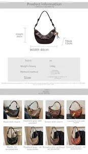 Detailed chart showing PU leather crescent bag sizes and eight color style options