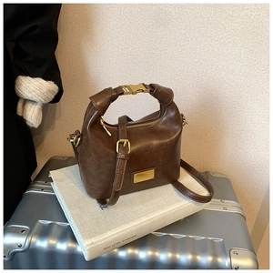 Detail of vintage brown shoulder bag with pleated handle and golden buckle on top