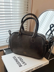 Vintage dark leather small square Boston bag with top handles and gold logo branding