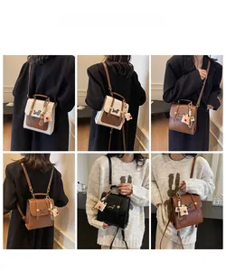 Detail shots of mini PU leather backpack with dachshund embroidery and plush charm