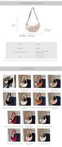 Detail view of plush crescent shoulder bag showing color options and dimensions