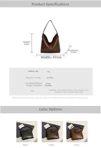 Detailed size chart for minimalist faux leather tote bag with dimensions and multi-color options