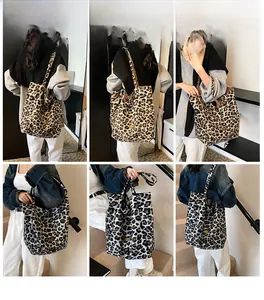 Detail view of large leopard print tote bags in warm brown and cool grey tones