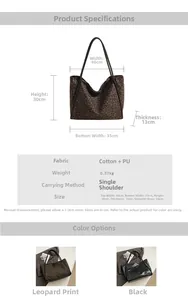 Tableau des tailles du sac cabas léopard avec dimensions en cm et détails du tissu