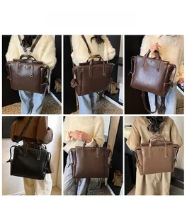 Collage of model showcasing large capacity retro commute backpack in various carrying styles