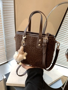 Vintage Sherpa Plush Bucket Bag With PU Leather Trim And Cute Monster Pendant Adjustable Strap Crossbody Shoulder Handbag