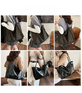 Vues détaillées du sac fourre-tout léopard et du sac noir brillant dans divers décors intérieurs