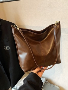 Vintage dark brown PU leather bucket bag with large capacity and gold metal hardware