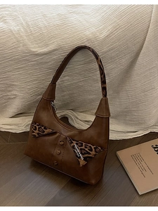 Retro brown leather underarm bag with leopard print bow and shoulder strap