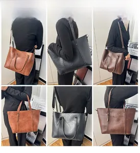 Six-grid display showing large capacity retro tote bags in black, brown and dark coffee