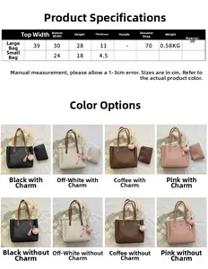 Detailed size chart and specifications for large PU leather tote bag and inner pouch