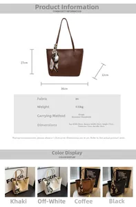 Detailed size specifications and material chart for the vintage large capacity PU tote bag