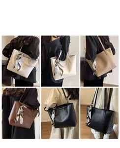 Collage of chic large tote bags in four colors with decorative silk handle scarves