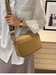 Women Minimalist PU Leather Crossbody Bag Contrast Stitching Camera Bag With Adjustable Wide Stripe Strap Daily Travel Bag