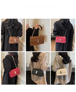 Detail showing versatile styling of a mini flap bag with chain strap across multiple outfits