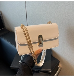 Detail of off-white shoulder bag featuring a gold chain strap and stylish arch twist lock