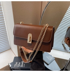 Detail of dark brown leather mini square bag with gold chain strap and secure turn-lock