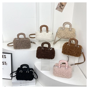 Detailed collection of mini plush crossbody bags in seven colors with leather handles