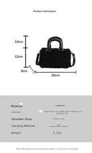 Detail of black faux shearling box bag showing dimensions 20x12x9cm and furry texture