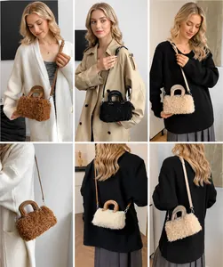 Detail of wool-like plush crossbody bags in coffee, black, and beige with leather handles