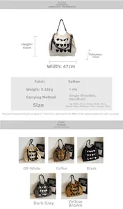 Detailed technical drawing and size chart for the large embroidered heart tote bag