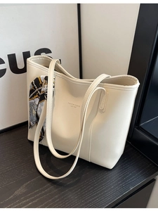 Cream white tote bag with silk scarf and logo print, vintage shoulder bag style