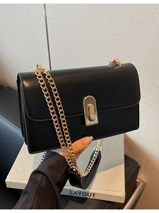 Classic black rectangular shoulder bag with golden lock and chain strap for women