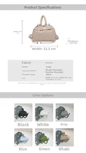 Detailed dimension chart for quilted puffer tote bag with multiple color options