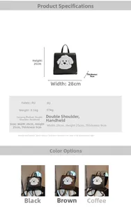 Detailed chart showing PU leather backpack dimensions 28x25x9cm and three color options