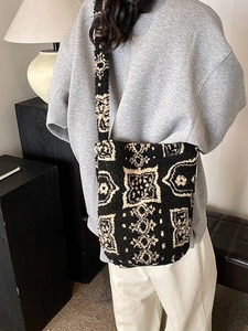Fleece shoulder bag with ethnic geometric pattern and wide strap for women autumn winter