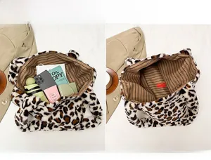 Vista dettagliata della grande capacità interna della borsa tote leopardata in peluche