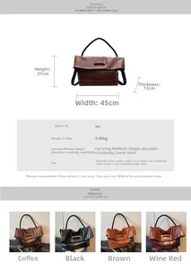 Detailed size chart for large PU leather tote bag with dimensions 45x27x13cm and color guide