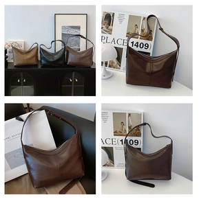 Collage of chic hobo bags in khaki, black, and coffee featuring a matte faux leather finish