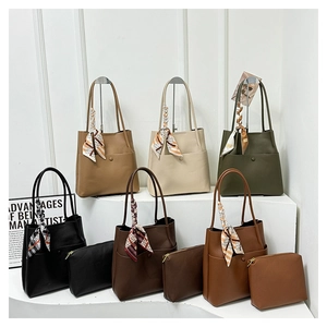 Litchi pattern bucket bag set with silk scarf handles in various neutral colors