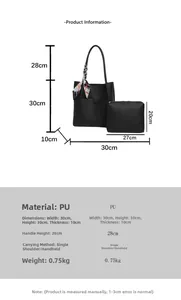 Detailed dimension guide for black pebble leather tote bag and inner pouch with scarf decor