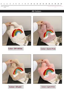 Collage of plush rainbow handbags in beige, pink, and khaki with chain straps
