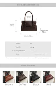 Detailed size specifications and color comparison of the vintage PU leather tote bag