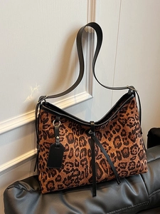 Sac Cabas Imprimé Léopard Vintage Grande Capacité pour Femmes en Cuir PU Sac à Épaule Sous le Bras avec Glands Mode Sac à Main
