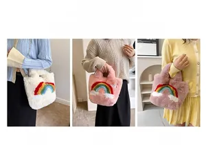 Detailed views of rainbow plush handbag shown as a shoulder bag, crossbody, and tote