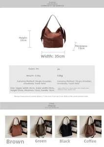 Detailed size specifications and multi-color options for this large PU leather tote bag