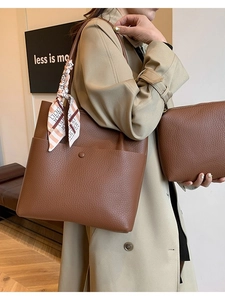 Women Large Capacity Pebble Grain PU Leather Tote Shoulder Bag Fashion Bucket Bag With Satin Scarf Decoration For Commute Daily