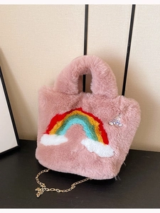 Rainbow plush handbag for women featuring pink faux fur and cute bunny embroidery charm