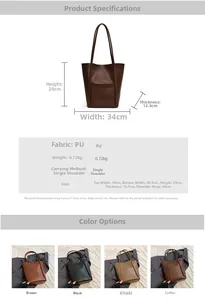 Detailed size chart and multi-color view of minimalist PU leather bucket tote bag