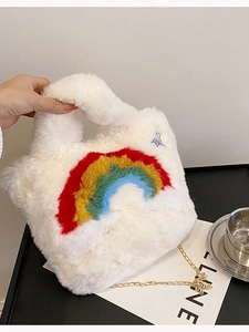 Plush rainbow color block handbag with white faux fur and golden metal chain strap