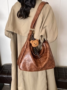 Retro brown large capacity hobo bag with oil wax texture and cute bear charm pendant