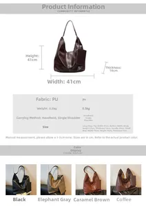 Tableau des tailles détaillé et options de couleurs pour le grand sac cabas en cuir PU