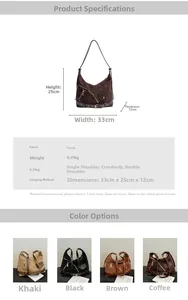 Detailed size specifications and color comparison for the large faux suede dumpling bag