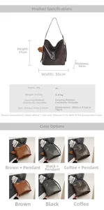 Tableau des tailles du sac seau vintage avec dimensions 30x31x14cm et options de couleur