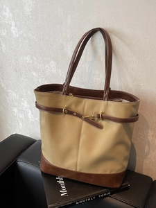 Retro khaki nylon tote bag with brown leather trim and gold horsebit hardware