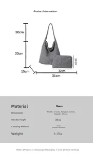 Detailed view of grey wool tote bag with dimensions 31x33x15cm and inner pouch